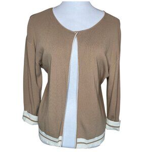 FINITY Tan Contrast Trim Cardigan XL Slinky Knit Single Button Old Money Chic